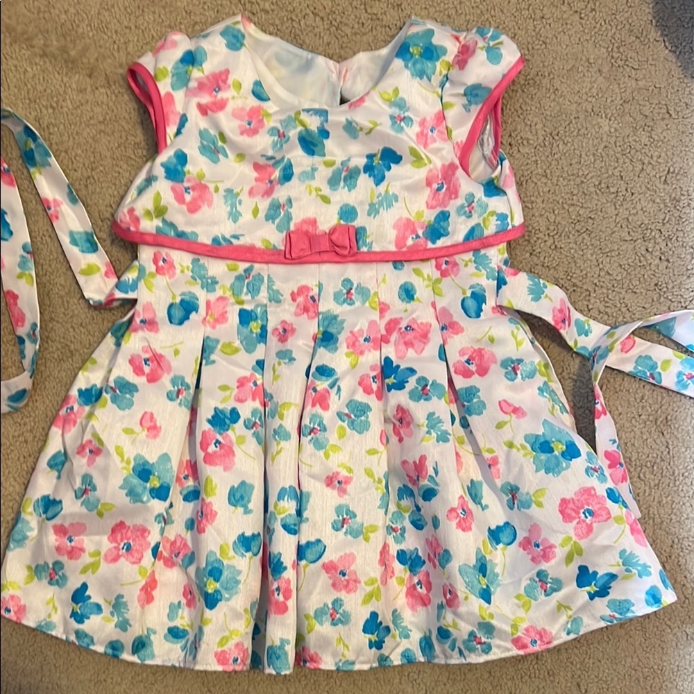Spring Pink & Blue Pleated Tie Front Sundress with Flutter Sleeves and Bow